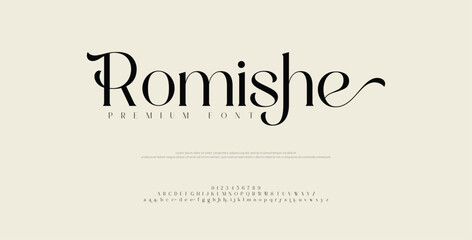Romishe elegant vintage type or luxury premium alphabet logo font. Minimal modern urban fonts for logo, brand etc. Typography typeface uppercase lowercase and number. vector illustration 
