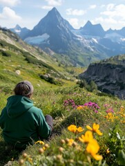 Naklejka premium Person sitting on a grassy hilltop with a beautiful view of a mountain range in the background.
