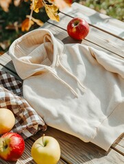 White hoodie lying on a wooden table. the hoodie has a drawstring hood and appears to be made of a soft fabric.