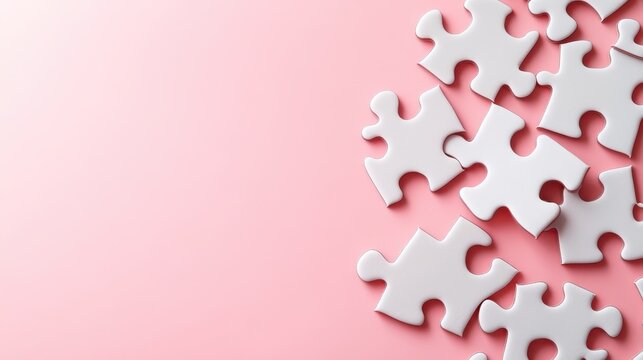 This image shows an arrangement of scattered white puzzle pieces atop a pink surface, representing the concept of solving problems or putting the pieces together in life.