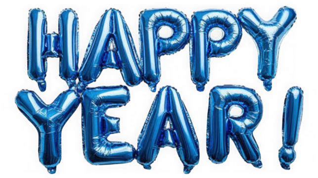 Blue foil balloons spelling happy year isolated on transparent background