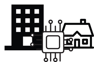 Smart City and Home Automation Concept – IoT Chip Integrating Digital Infrastructure with Urban and Residential Buildings