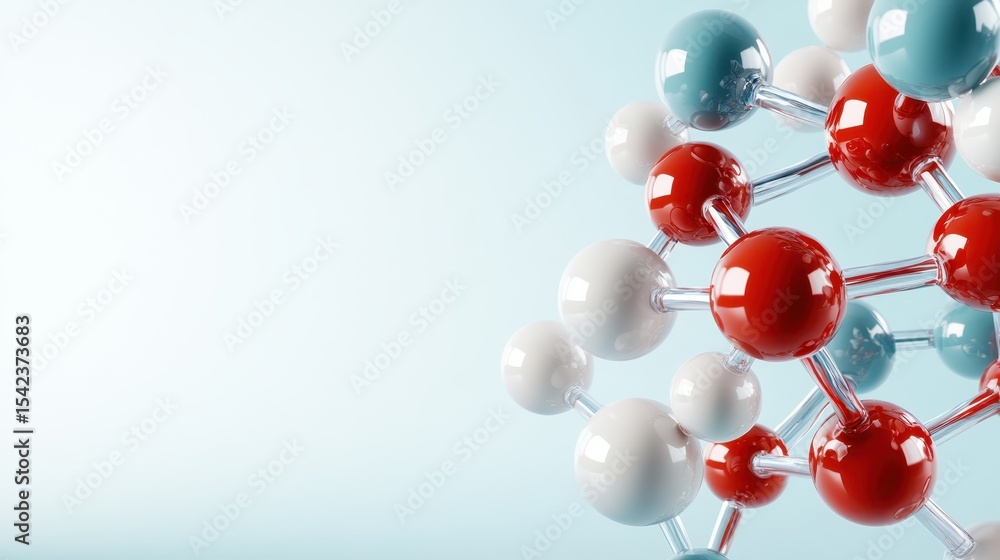 Poster an artistic representation of a colorful molecular structure on a soft blue background, conveying th
