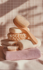 Accesorios de spa con cepillos naturales y toallas suaves con iluminación cálida en un cuarto de daño con pared en tono beige pastel de gresite