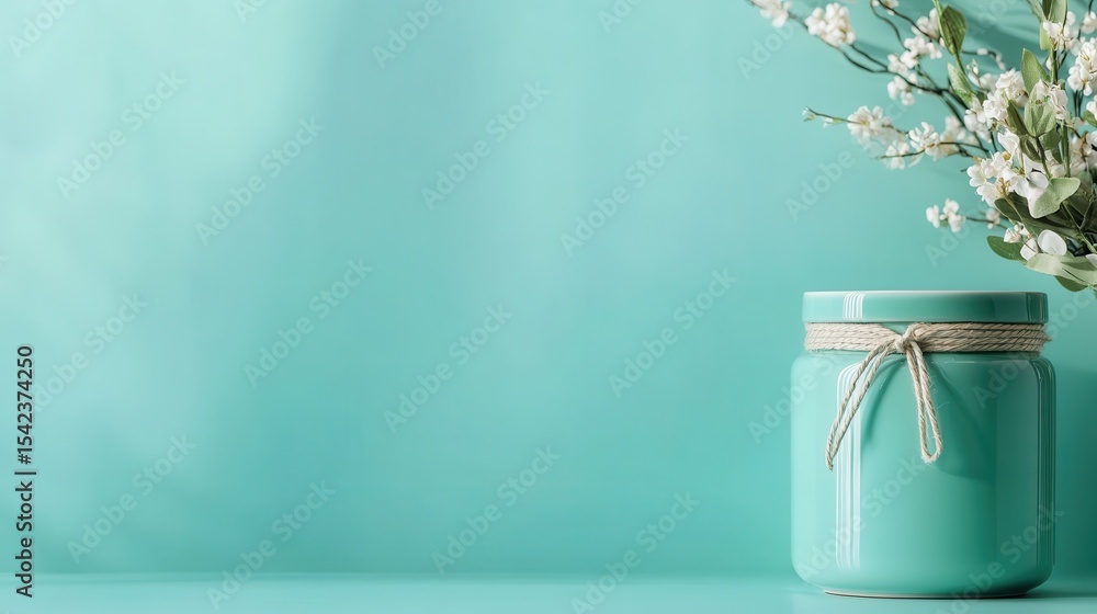Poster this serene image features a turquoise jar adorned with delicate blossoms, representing tranquility 