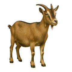 Obraz premium Brown and tan goat with curved horns standing on a plain background.