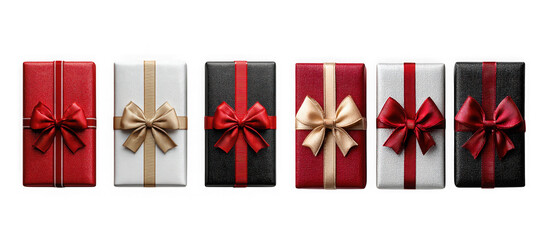 Six small gift boxes with red and gold bows isolated on transparent background