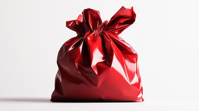 A vibrant image showcasing a glossy red garbage bag tied at the top, resting on a clean white background, representing waste and environmental themes in a bold manner.