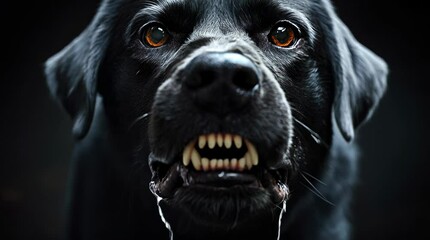 A dark cinematic animation of a large black dog baring its teeth and barking aggressively in slow motion. Perfect for content involving safety, fear or danger.