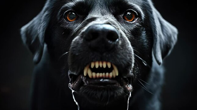 A dark cinematic animation of a large black dog baring its teeth and barking aggressively in slow motion. Perfect for content involving safety, fear or danger.