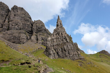 The Storr and Cathedral Rock,  basalt rock pinnacles, Trotternish ridge of the Isle of Skye in Scotland, UK.