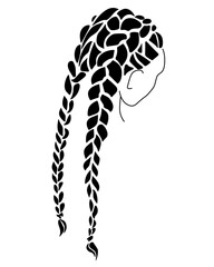 Silhouette of a stylish hairstyle with two long braids, fashionable women's braided styling for design