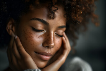 Beauty, portrait and natural face of  woman with healthy freckle skin texture touch. Aesthetic, facial and skincare cosmetic model girl touching cheeks for self love and wellness