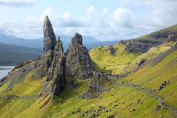 The Old Man of Storr, basalt rock pinnacles, Trotternish ridge of the Isle of Skye in Scotland, UK.