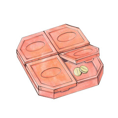 Pink plastic pill container with four compartments containing pills, top view. One lid is open. Watercolor style illustration on white. Outline sketch for healthcare, pharmacy and medicine design