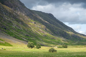 Looking towards the ridge of  Stob Coire Leith and Meall Dearg from floor of Glencoe valley, Scotland, UK