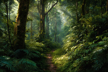 Obraz premium Sunbeams illuminating lush green path in tropical rainforest