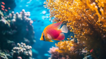 Obraz premium A vibrant fish swims gracefully among coral reefs. The underwater scene is alive with color. Witness the beauty of marine life in its natural habitat. Generative AI