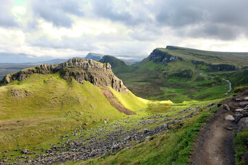Cnoc a Mheirlich from the Quiraing path on the Trotternish Ridge, Isle of Skye, Scotland, UK