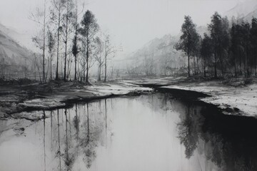 Serene reflection of tranquil waters and distant mountains in a Chinese ink and water landscape painting capturing the essence of nature's beauty and stillness