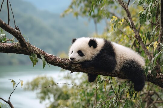 Lazy panda bear relaxing on a tree branch in China, enjoying the serene afternoon by the water