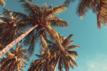 Tropical palm trees stand tall against a bright blue sky, capturing a vintage vibe reminiscent of summer days on the beach