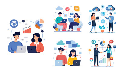 Illustration of business data transfer ideas. Flat style design set