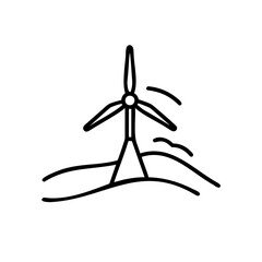 Obraz premium Black Line Drawing Wind Turbine Rotating Blades Hillside Environment Handmade Illustration