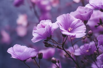 Vibrant purple flowers bloom gracefully in soft focus against a dreamy backdrop, capturing the essence of nature's elegance in a serene setting