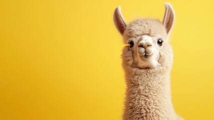 Obraz premium A charming and endearing alpaca posing against a bright yellow background, radiating warmth and friendliness, making it a delightful subject for animal photography.