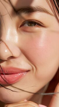 Medium skin smiling woman exhibits healthy skin and pink nails with close-up photography in a bright studio