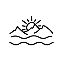 Black Line Drawing Sun Over Mountains And Waves Simple Handmade Environmental Icon