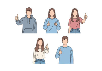 Simple Line Drawing Thumbs Up Gestures of Diverse People Illustration