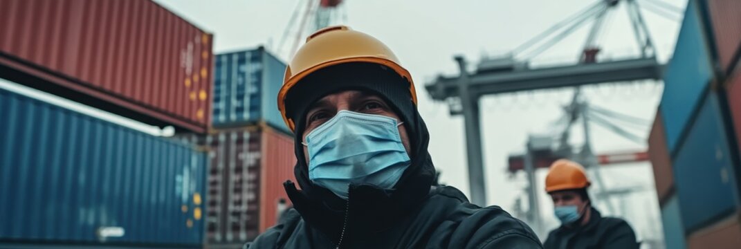 Engineers and Managers in Face Masks Collaborating on Logistics with Shipping Containers in the Background - Powered by Adobe