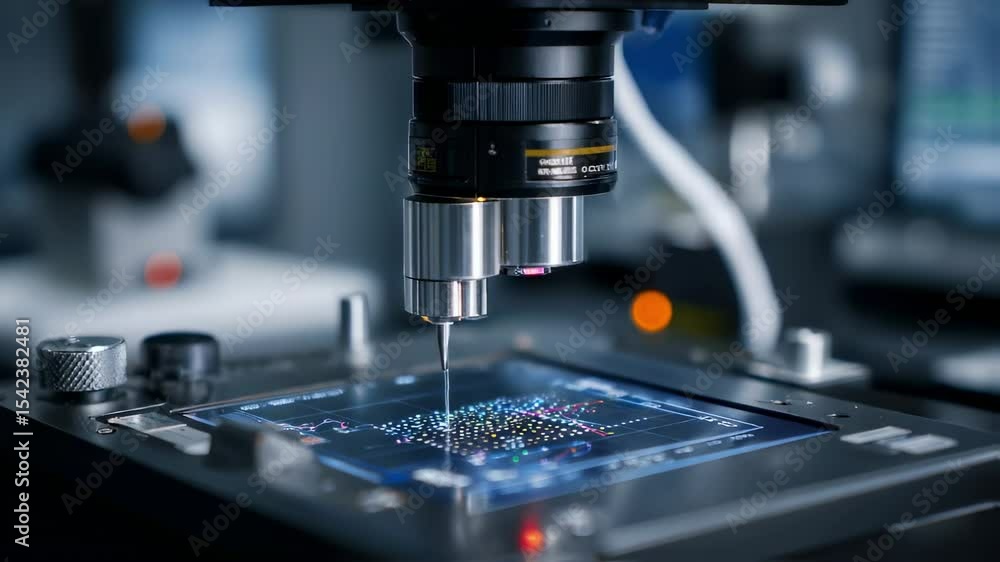 Poster modern microscope is processing data displayed on a digital screen, showcasing innovative technology
