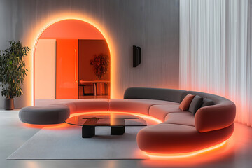 Modern Living Room with Illuminated Sectional Sofa - Futuristic Interior