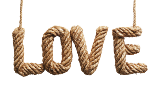 Love word art made from natural rope hanging with isolated on transparent background.