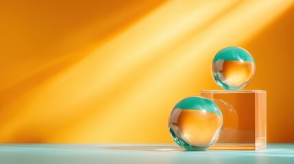 This artistic image showcases two beautifully colored glass spheres against a vibrant orange backdrop, creating a captivating visual interplay of light and color.