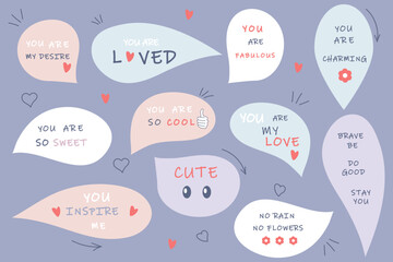 Set of speech bubbles with compliment phrases, self love quotes Vector illustration

