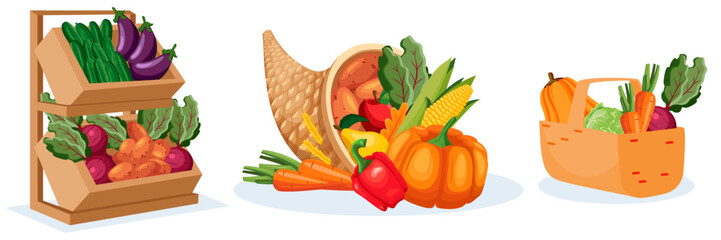 Farm vegetables. Veggies in market box, cornucopia, basket. Vector illustration. Autumn farming harvest design elements