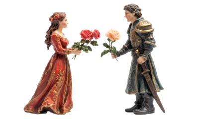 Romantic couple exchanging flower love story medieval characters isolated on transparent background.