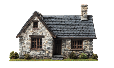 Stone cottage house miniature rustic countryside architecture isolated on transparent background.