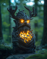 Mystical Forest Spirit Sculpture with Glowing Eyes & Mushrooms - Fantasy Art