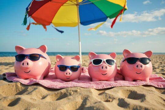 Pink Piggybank Family Relaxing on the Beach with Sunglasses and Beach Umbrella - Powered by Adobe