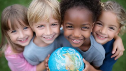 Happy multiethnic children holding a globe in a school courtyard - Powered by Adobe