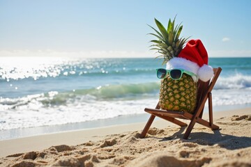 A Festive Pineapple at the Beach: Santa Hat and Sunglasses on a Deck Chair with Ocean Views
