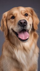 A golden retriever with a happy expression. Its tongue is out, and it has beautiful fur. Soft lighting and a neutral background.
