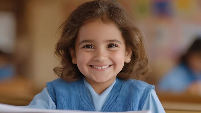 Happy schoolgirl helping a classmate in a vibrant classroom