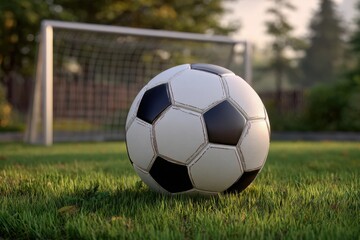 Well worn soccer ball resting on grass near goal