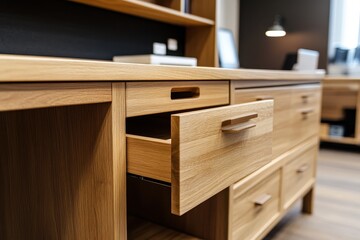 Contemporary Wooden Desk Storage Solution with Drawers and Shelf for Organized Office Space
